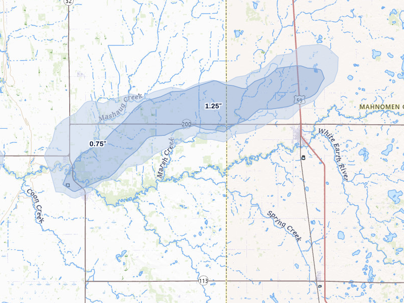 NEXRAD radar-signature map of the hail storm over Gary, MN on Jul 3, 2026