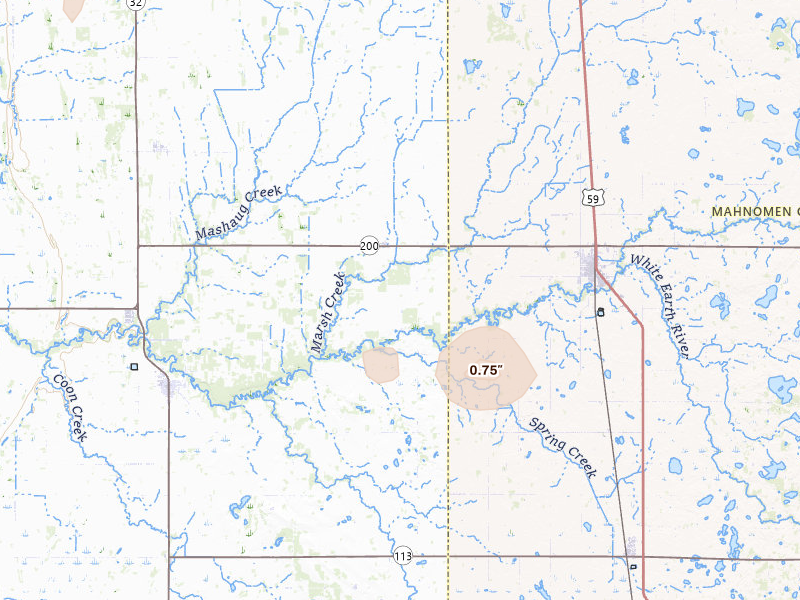 Radar-estimated hail-size map of the storm over Gary, MN on Jul 4, 2026