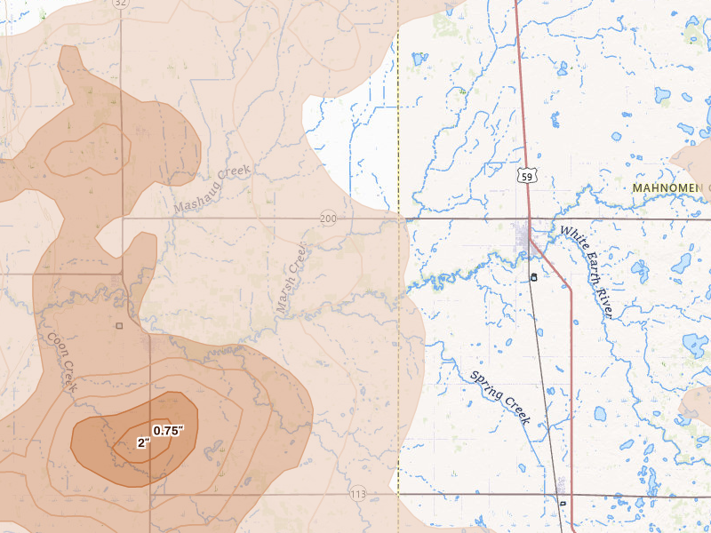 Radar-estimated hail-size map of the storm over Gary, MN on Jul 6, 2026