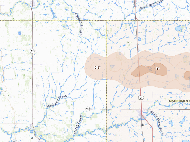 Radar-estimated hail-size map of the storm over Gary, MN on Aug 6, 2026