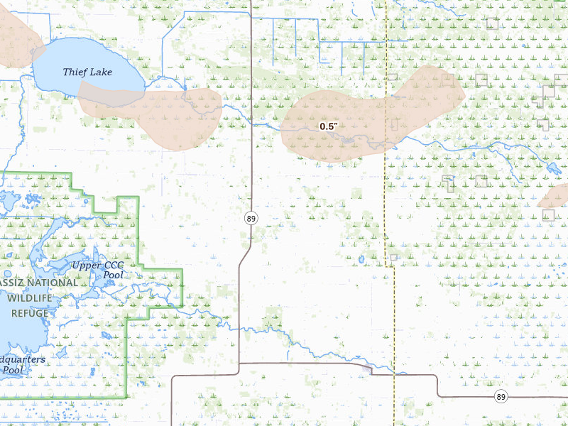 Radar-estimated hail-size map of the storm over Gatzke, MN on Jun 15, 2026