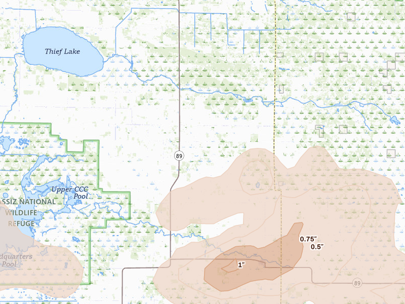 Radar-estimated hail-size map of the storm over Gatzke, MN on Jul 6, 2026