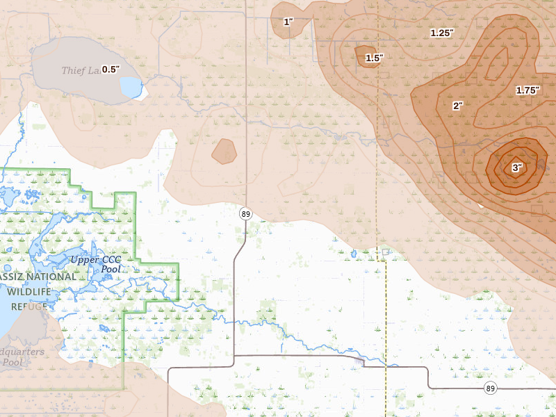 Radar-estimated hail-size map of the storm over Gatzke, MN on Jul 24, 2026