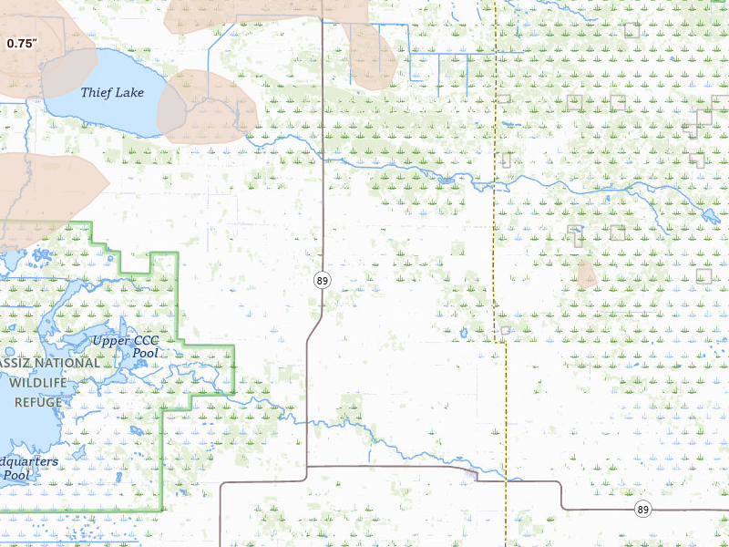 Radar-estimated hail-size map of the storm over Gatzke, MN on Jul 30, 2026