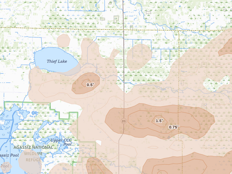Radar-estimated hail-size map of the storm over Gatzke, MN on Aug 2, 2026