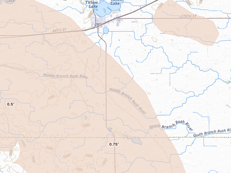 Radar-estimated hail-size map of the storm over Gaylord, MN on May 24, 2026
