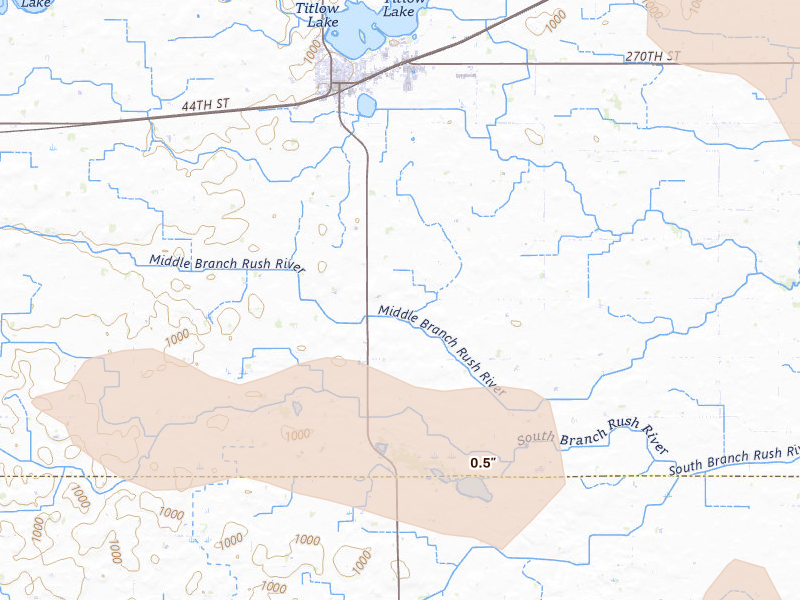 Radar-estimated hail-size map of the storm over Gaylord, MN on Aug 8, 2026