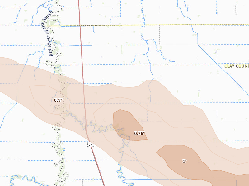 Radar-estimated hail-size map of the storm over Georgetown, MN on Aug 17, 2026