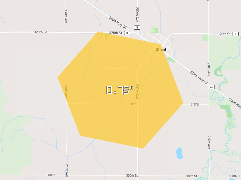 Hail map of Ghent, MN on Jun 28, 2026, hail up to 0.75"