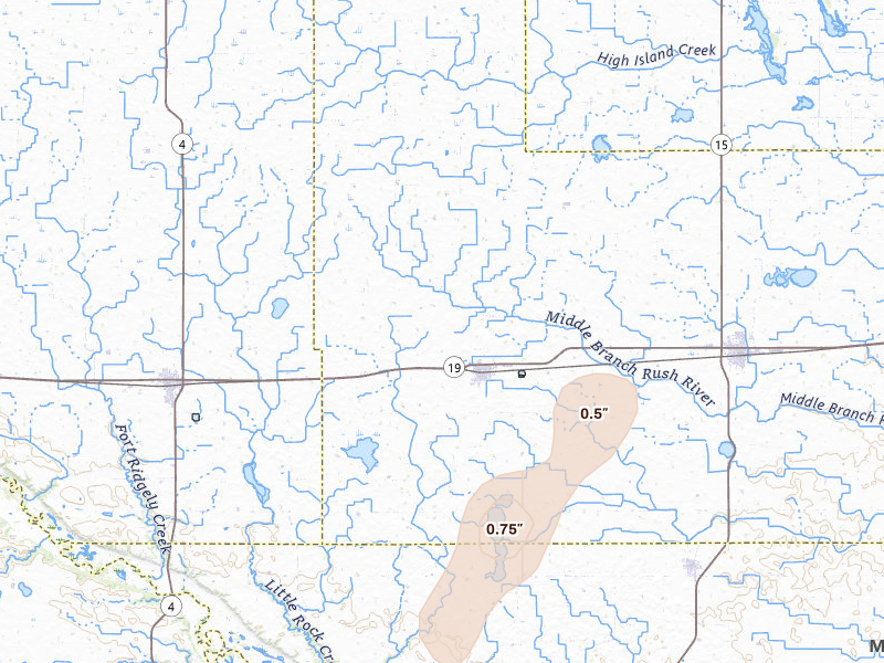 Radar-estimated hail-size map of the storm over Gibbon, MN on May 17, 2026