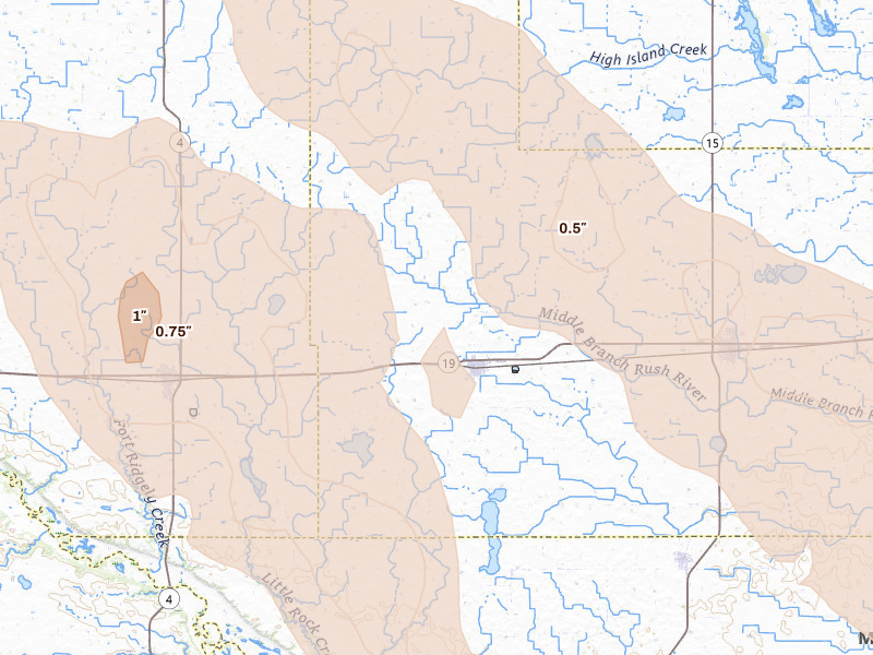 Radar-estimated hail-size map of the storm over Gibbon, MN on May 24, 2026