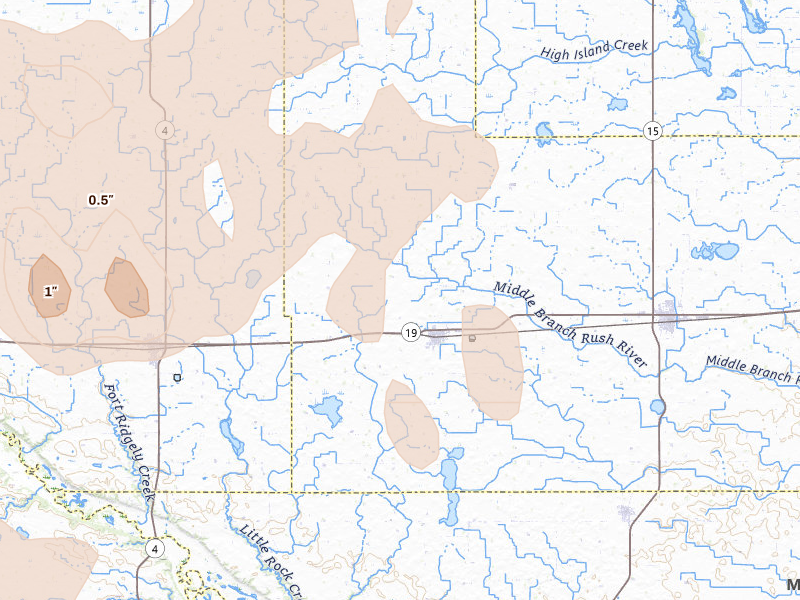 Radar-estimated hail-size map of the storm over Gibbon, MN on Aug 7, 2026