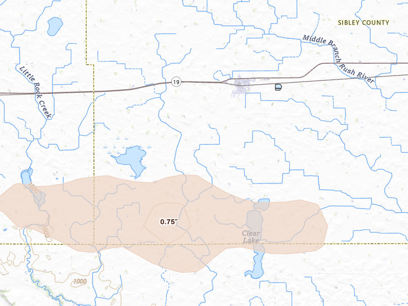 Radar-estimated hail-size map of the storm over Gibbon, MN on Aug 8, 2026