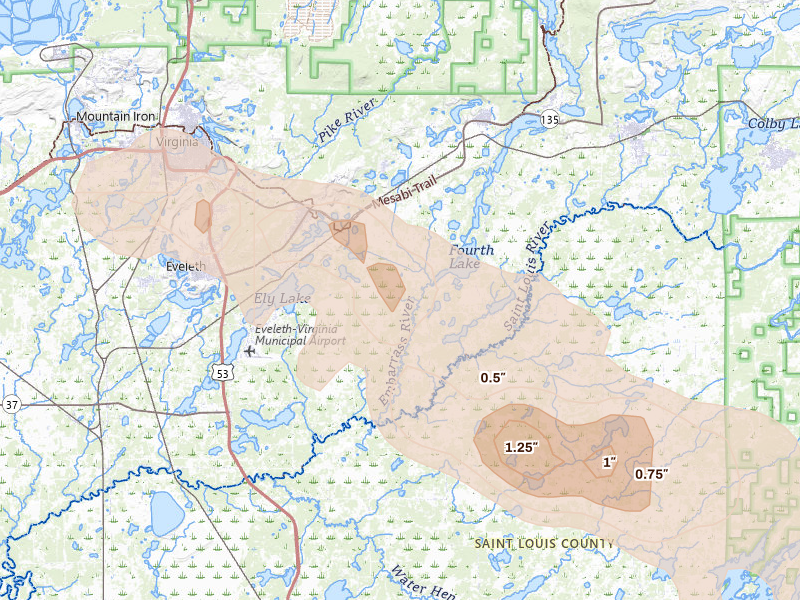 Radar-estimated hail-size map of the storm over Gilbert, MN on Jul 17, 2026
