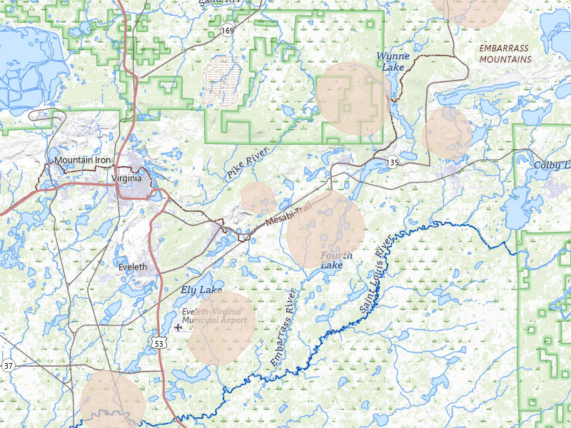 Radar-estimated hail-size map of the storm over Gilbert, MN on Aug 3, 2026
