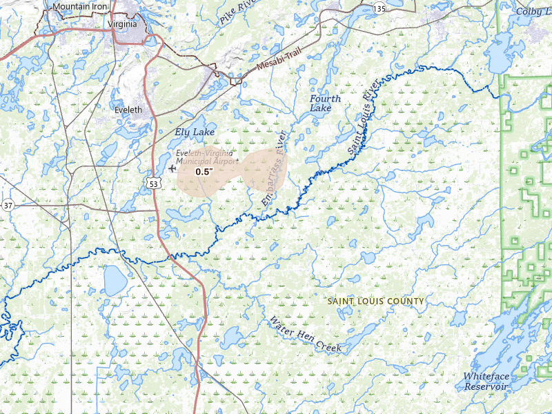 Radar-estimated hail-size map of the storm over Gilbert, MN on Aug 25, 2026