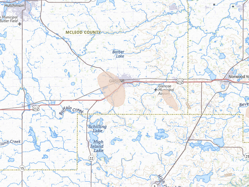 Radar-estimated hail-size map of the storm over Glencoe, MN