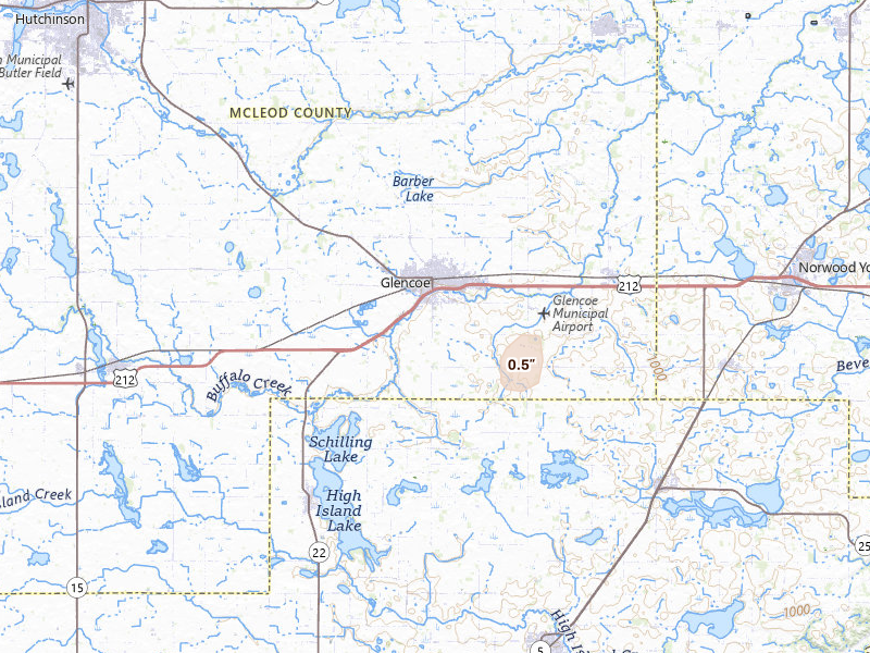 Radar-estimated hail-size map of the storm over Glencoe, MN on Jul 25, 2026