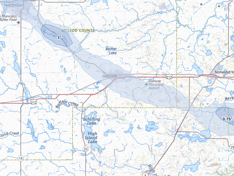 NEXRAD radar-signature map of the hail over Glencoe, MN