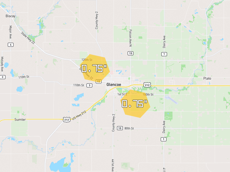 Hail map of Glencoe, MN on Jul 26, 2026, hail up to 0.75"