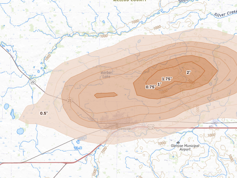 Radar-estimated hail-size map of the storm over Glencoe, MN on Aug 7, 2026