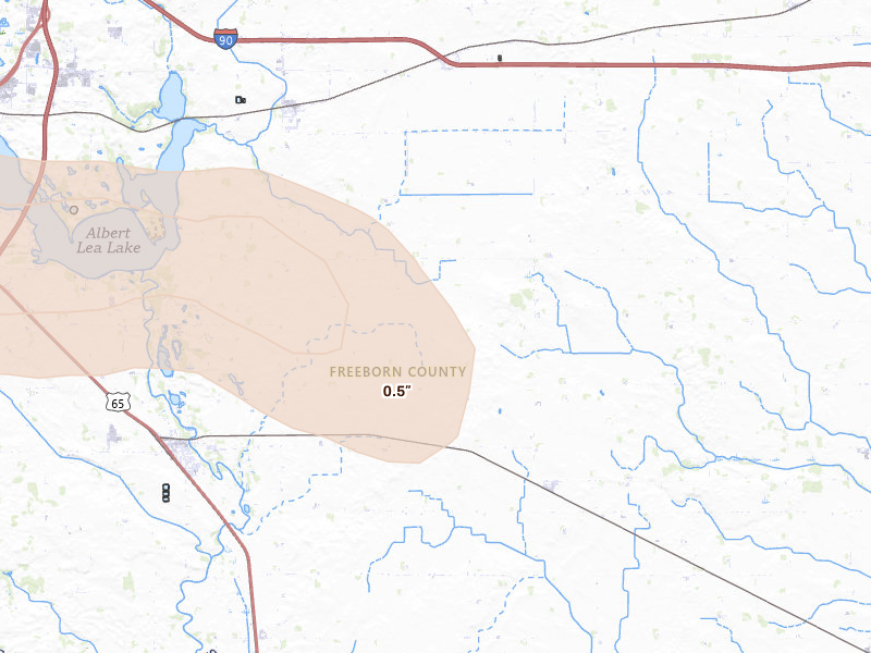 Radar-estimated hail-size map of the storm over Glenville, MN on May 26, 2026