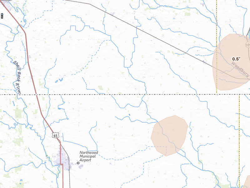 Radar-estimated hail-size map of the storm over Glenville, MN on Jul 1, 2026