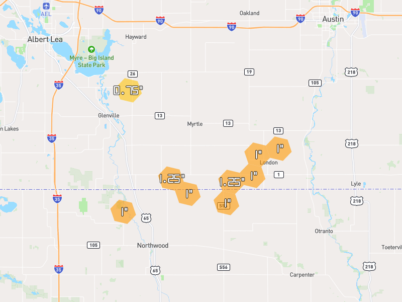 Hail map of Glenville, MN on Jul 1, 2026, hail up to 1.25"
