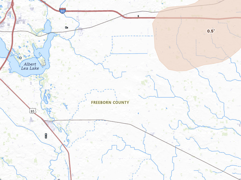 Radar-estimated hail-size map of the storm over Glenville, MN on Jul 2, 2026