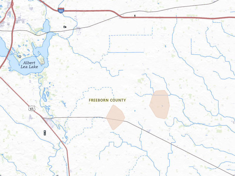 Radar-estimated hail-size map of the storm over Glenville, MN on Jul 8, 2026