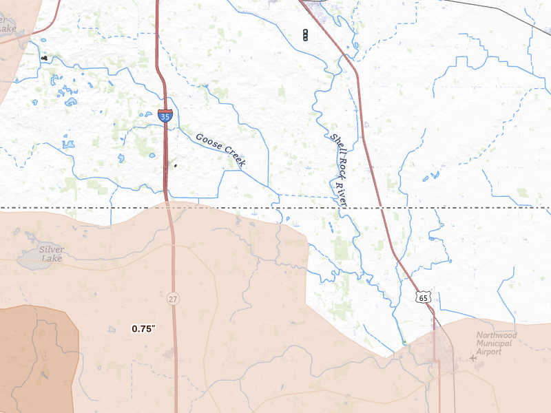Radar-estimated hail-size map of the storm over Glenville, MN on Aug 7, 2026