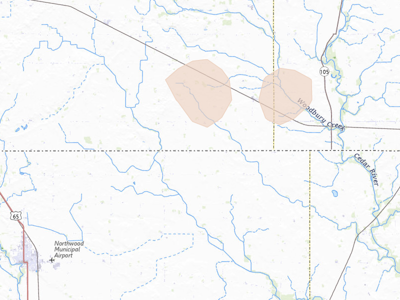 Radar-estimated hail-size map of the storm over Glenville, MN on Aug 20, 2026