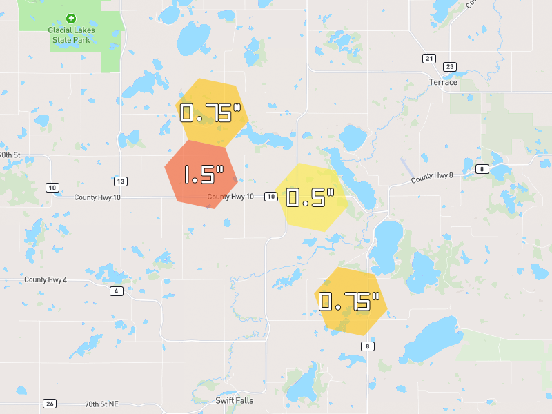 Hail map of Glenwood, MN on Jun 7, 2026, hail up to 1.5"