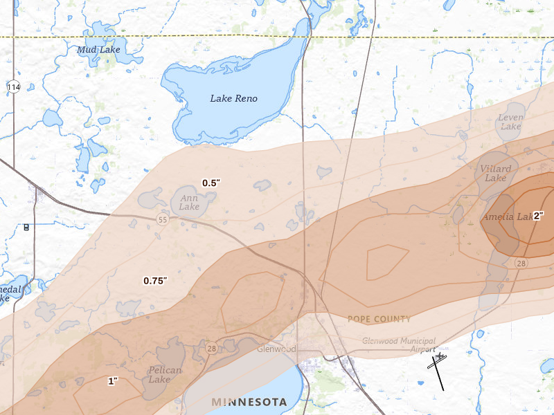 Radar-estimated hail-size map of the storm over Glenwood, MN on Jun 10, 2026