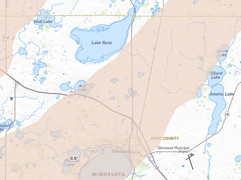 Radar-estimated hail-size map of the storm over Glenwood, MN on Jun 29, 2026