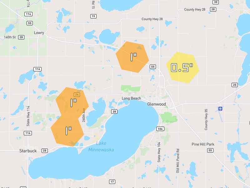 Hail map of Glenwood, MN on Jun 30, 2026, hail up to 1"
