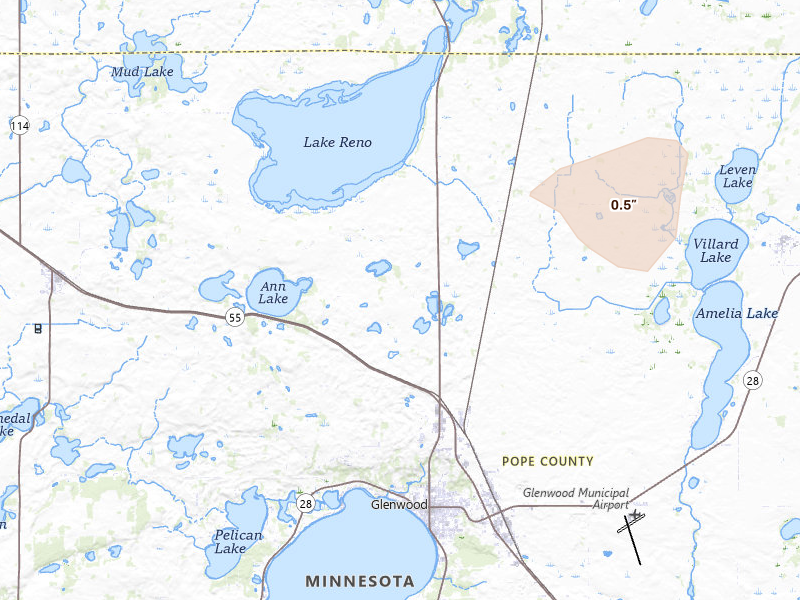 Radar-estimated hail-size map of the storm over Glenwood, MN on Jul 25, 2026