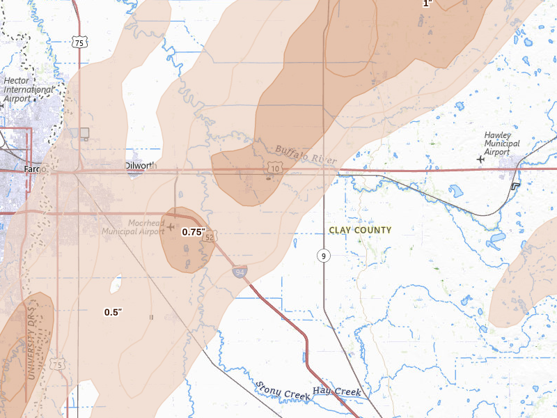 Radar-estimated hail-size map of the storm over Glyndon, MN on Jun 29, 2026