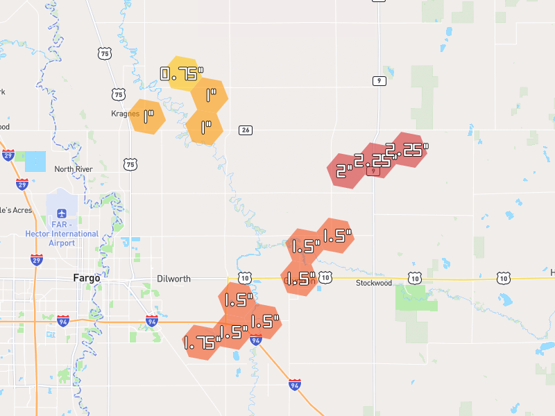 Hail map of Glyndon, MN on Jun 30, 2026, hail up to 2.25"