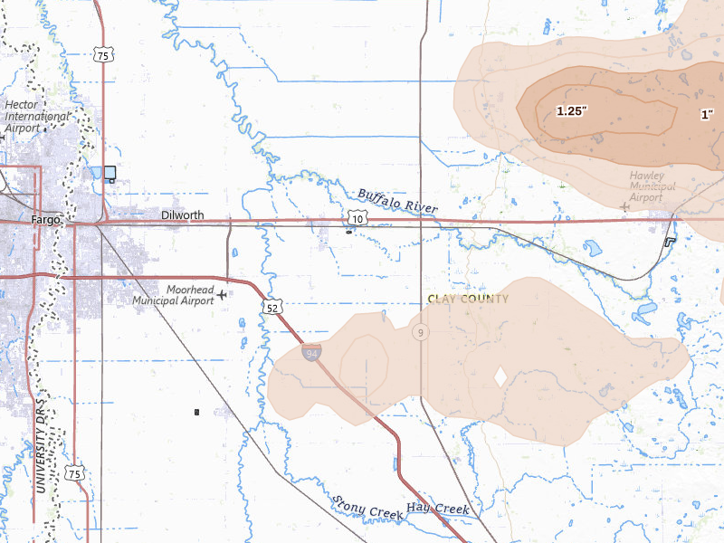 Radar-estimated hail-size map of the storm over Glyndon, MN on Jul 6, 2026