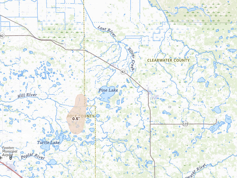 Radar-estimated hail-size map of the storm over Gonvick, MN on Jun 9, 2026