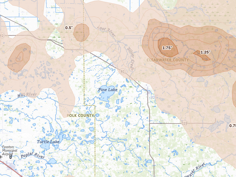 Radar-estimated hail-size map of the storm over Gonvick, MN on Jul 24, 2026