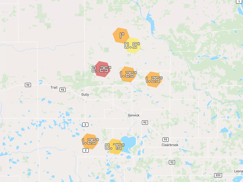 Hail map of Gonvick, MN on Jul 25, 2026, hail up to 2.25"