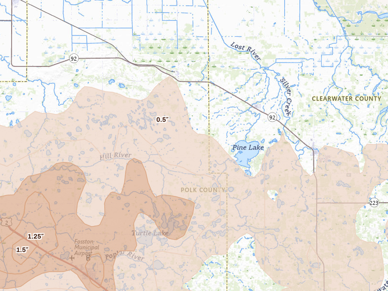 Radar-estimated hail-size map of the storm over Gonvick, MN on Sep 3, 2026