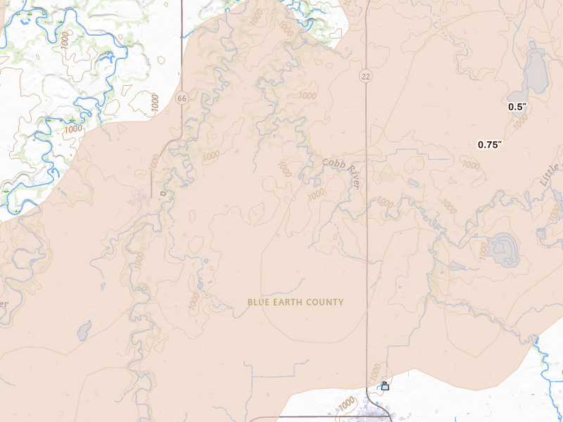 Radar-estimated hail-size map of the storm over Good Thunder, MN on May 17, 2026