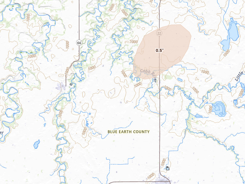 Radar-estimated hail-size map of the storm over Good Thunder, MN on Jun 30, 2026
