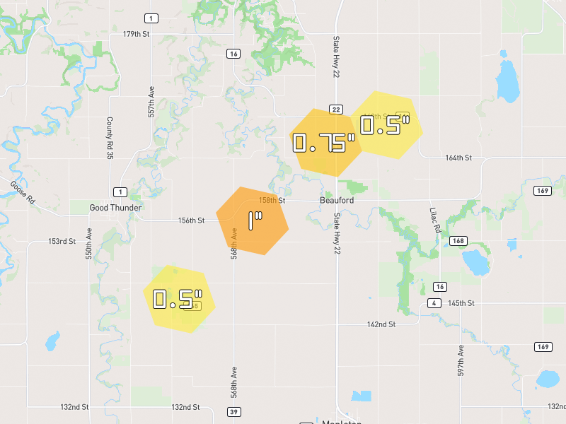 Hail map of Good Thunder, MN on Jul 1, 2026, hail up to 1"