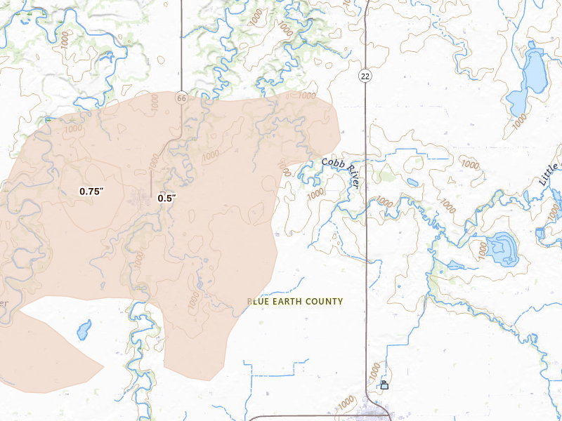 Radar-estimated hail-size map of the storm over Good Thunder, MN on Jul 2, 2026