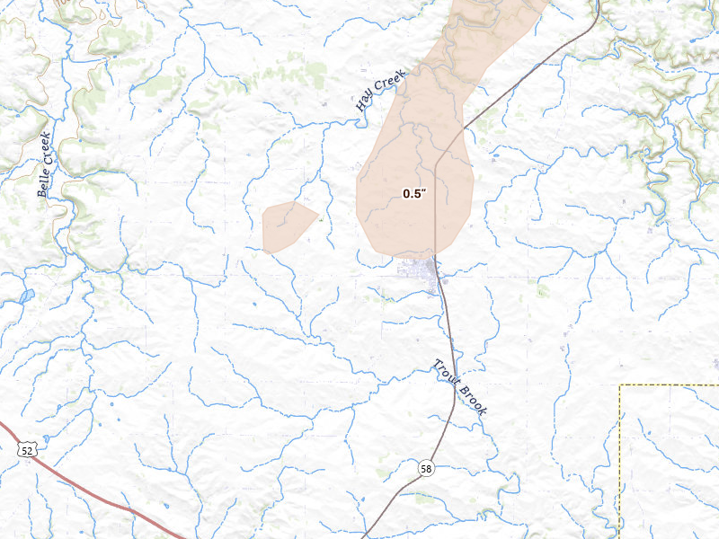 Radar-estimated hail-size map of the storm over Goodhue, MN on Apr 17, 2026
