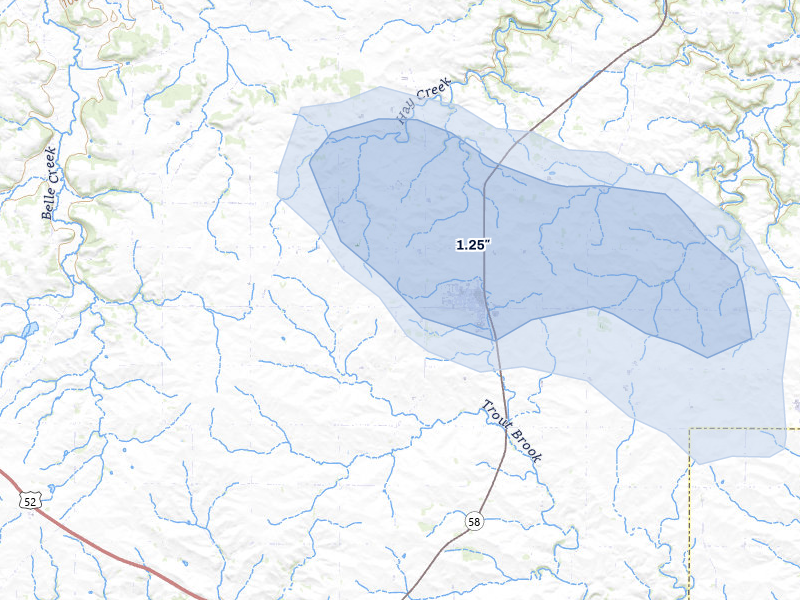 NEXRAD radar-signature map of the hail storm over Goodhue, MN on Jul 25, 2026